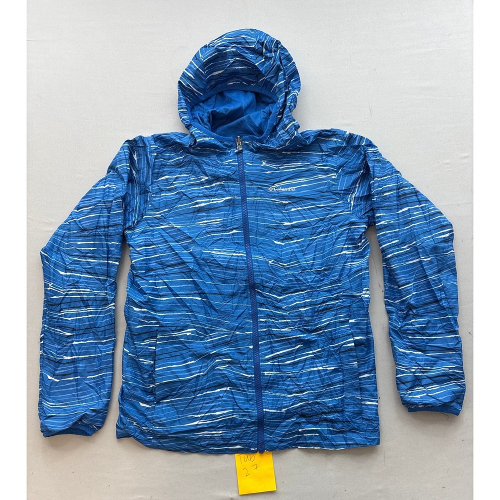 Columbia Boys Reversible Full Zip Hooded Windbreaker Jacket Blue Pattern L 14/16